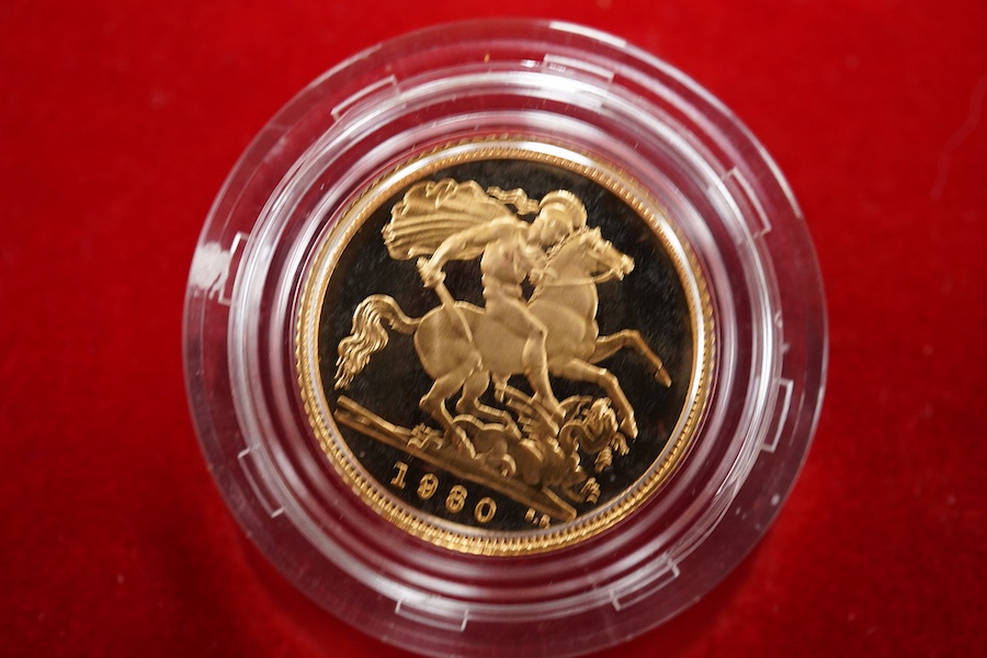 British gold coins, QEII, two proof golf half sovereigns;, 1980, in case of issue (no certificate), and 1994, in case of issue (no certificate)